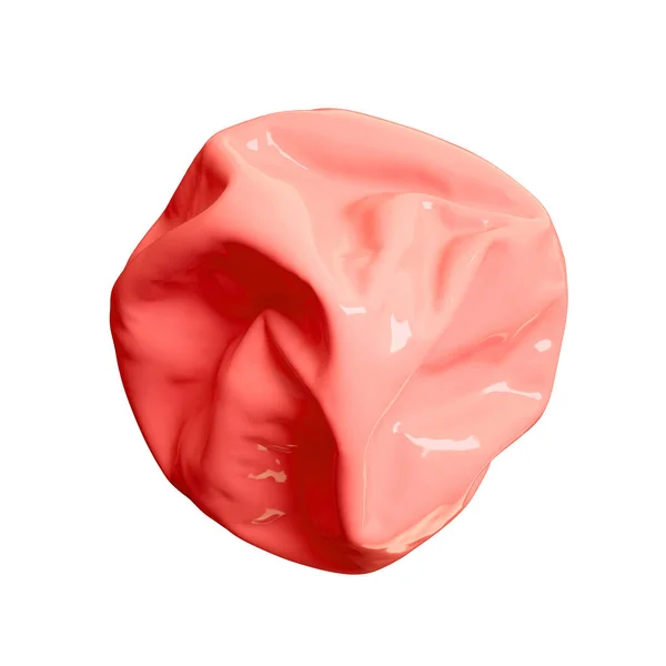 3D rendering illustratie van zachte gecomprimeerde verfrommeld bal vorm geïsoleerd op witte achtergrond. Verse koraal Peachy kleur. Glanzend materiaal met reflecties en schaduwen. Trendy kunst voor grafisch ontwerp — Stockfoto
