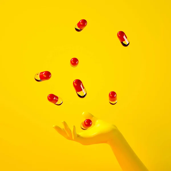 3d rendering illustration of hand holding falling pills capsules. Yellow studio contemporary modern scene. Medicine healthcare concept. Template with space for text in square format. — Stock Photo, Image