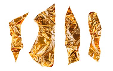 Metalik yapışkan bant beyaz arka plan üzerinde izole keser şekillendirir. Parlak esnek buruşuk çıkartmalar. Kolaj üreticileri için ayarlayın. Altın parlak metalik daire, haç, farklı boyutta kalp yapışkan parçaları.