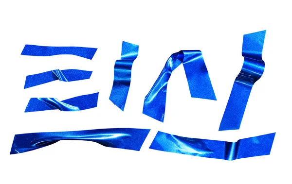 Metallic-blaue Klebeband-Formen schneiden isoliert auf weißem Hintergrund. glänzende flexible zerknitterte Aufkleber. Set für Collagenbauer. Streifen Klebstoffe mit Glitzerstruktur — Stockfoto