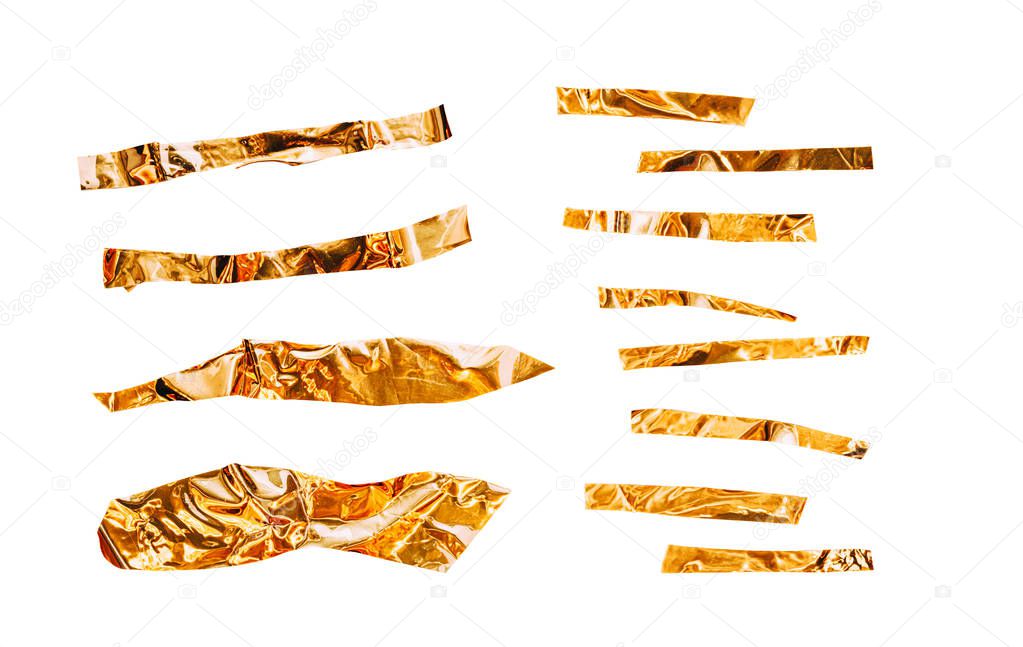 Metallic sticky tape shapes cuts isolated on white background. Shiny flexible crumpled stickers. Set for collage makers. Golden shiny metallic stripes, adhesive pieces in different size.