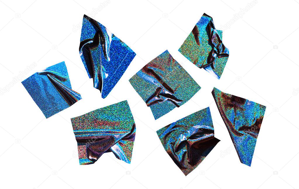 Metallic holographic sticky tape shapes cuts isolated on white background. Shiny flexible crumpled stickers. Set for collage makers. Square adhesive pieces in blue green tones with glitter texture