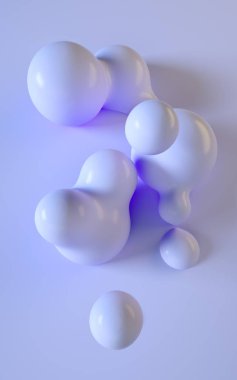 3d render illüstrasyon. Soyut pürüzsüz sıvı şekiller. Öyküler ve grafik tasarım projeleri için dikey arka plan tasarımı. Toplar ve baloncuklar. Yumuşak ve açık mor mavi renk. Plastik görünüm malzemesi