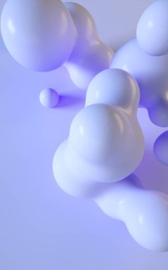 3d render illüstrasyon. Soyut pürüzsüz sıvı şekiller. Öyküler ve grafik tasarım projeleri için dikey arka plan tasarımı. Toplar ve baloncuklar. Yumuşak ve açık mor mavi renk. Plastik görünüm malzemesi