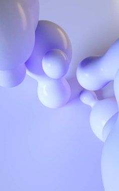3d render illüstrasyon. Soyut pürüzsüz sıvı şekiller. Öyküler ve grafik tasarım projeleri için dikey arka plan tasarımı. Toplar ve baloncuklar. Yumuşak ve açık mor mavi renk. Plastik görünüm malzemesi