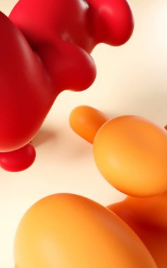 3d render illüstrasyon. Soyut pürüzsüz sıvı sanat. Öyküler ve grafik tasarım projeleri için dikey arka plan tasarımı. Toplar ve baloncuklar. Mutlu yaz partisi ruh hali. Sarı, turuncu ve kırmızı şekiller.