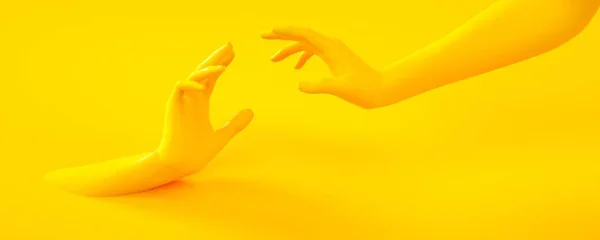 3D vykreslení ilustrace žlutých rukou. Části těla člověka. Scéna konceptu pro projekty grafických návrhů. Lesklý plastový lesklý materiál. Nápis-vodorovná orientace Šablona pro sociální média a Web — Stock fotografie