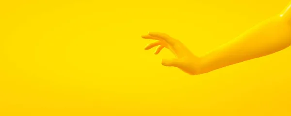 3D vykreslení ilustrace žluté ruky. Části těla člověka. Scéna konceptu pro projekty grafických návrhů. Lesklý plastový lesklý materiál. Nápis-vodorovná orientace Šablona pro sociální média a Web — Stock fotografie