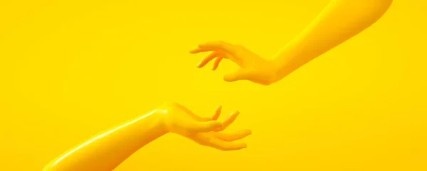 3D vykreslení ilustrace žlutých rukou. Části těla člověka. Scéna konceptu pro projekty grafických návrhů. Lesklý plastový lesklý materiál. Nápis-vodorovná orientace Šablona pro sociální média a Web — Stock fotografie