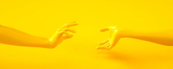 黄色の手の3Dレンダリングイラスト。人体の一部グラフィックデザインプロジェクトのコンセプトシーン。光沢のあるプラスチック光沢のある材料。水平方向バナー。ソーシャルメディアとウェブ用テンプレート — ストック写真