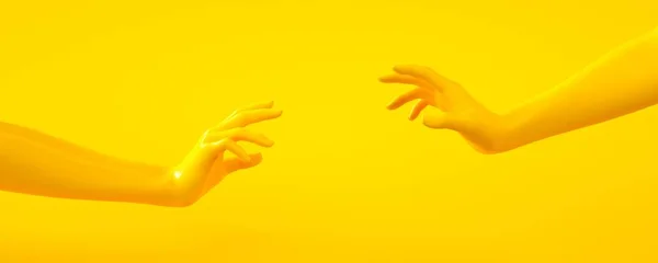 黄色の手の3Dレンダリングイラスト。人体の一部グラフィックデザインプロジェクトのコンセプトシーン。光沢のあるプラスチック光沢のある材料。水平方向バナー。ソーシャルメディアとウェブ用テンプレート — ストック写真
