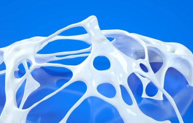 Parlak mavi arka plan üzerinde 3d render illüstrasyon. Delikli beyaz ağ soyutlama. Metin alanı ile yaratıcı arka plan. Grafik tasarım projeleri için dekorasyon elemanları. Yatay yönlendirme