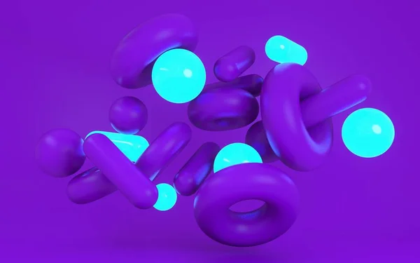 3D vykreslení ilustrace měkkých dynamických tvarů. Tučné fialové barvy a neonové světelné materiály. Kreativní umělecké zázemí. Moderní výtvarné umění moderního designu. Kuličky a kruhy v osvětleném studiu. — Stock fotografie