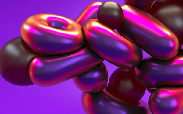 光沢のある反射を持つピンクの紫色のネオンライトで3Dレンダリング抽象化。柔らかい液体の形のコンピュータ生成のイラスト。ホログラフィック虹色効果の背景。メタリックテクスチャ面 — ストック写真