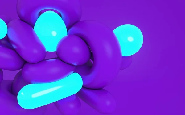 3D vykreslení ilustrace měkkých dynamických tvarů. Tučné fialové barvy a neonové světelné materiály. Kreativní umělecké zázemí. Moderní výtvarné umění moderního designu. Kuličky a kruhy v osvětleném studiu. — Stock fotografie