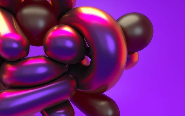 3D vykreslování v růžovém purpurovém světle s lesklým odrazem. Počítač vygeneroval ilustraci měkkých tekutých tvarů. Pozadí s holografickou irizním efektem. Kovová texturovaná plocha — Stock fotografie