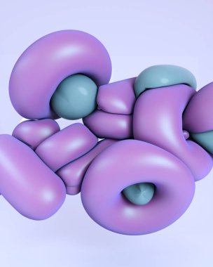 3D tasvir. Soyut yumuşak şekiller. Sosyal medya ve grafik tasarım projeleri için yaratıcı arka plan tasarımı. Açık saten mor mavi renk.