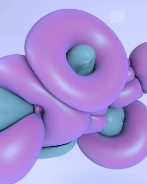 3D tasvir. Soyut yumuşak şekiller. Sosyal medya ve grafik tasarım projeleri için yaratıcı arka plan tasarımı. Açık saten mor mavi renk.