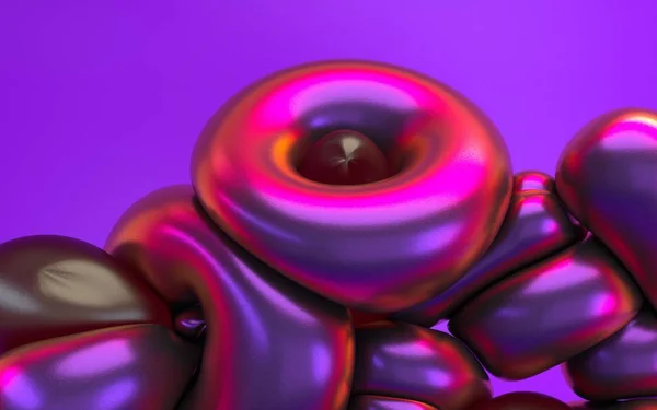 3D ztvárnění abstrakce v růžovém purpurovém neonovém světle s lesklým odrazem. Počítačem generované ilustrace měkkých tekutých tvarů. Pozadí holografického duhového efektu. — Stock fotografie