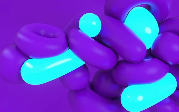 3D vykreslování ilustrace měkkých dynamických tvarů. Tučně fialová barva a neonový světelný materiál. Kreativní umělecké zázemí. Moderní počítačový design moderního umění. — Stock fotografie