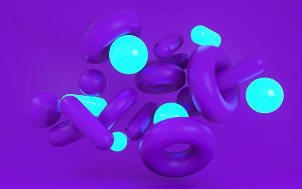 ソフトダイナミック形状の3Dレンダリングイラスト。大胆な紫色とネオンライト素材。創造的な芸術的背景。トレンディーなコンピュータ現代美術デザイン. — ストック写真