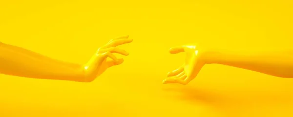 黄色の手の3Dレンダリングイラスト。人体パーツ。グラフィックデザインプロジェクトのコンセプトシーン。光沢のあるプラスチック光沢材料。水平方向のバナー. — ストック写真