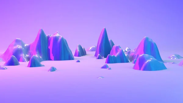 Pemandangan gunung 3d diterangi dengan lampu neon merah muda dan biru. render ilustrasi 3d dalam format horisontal . — Stok Foto