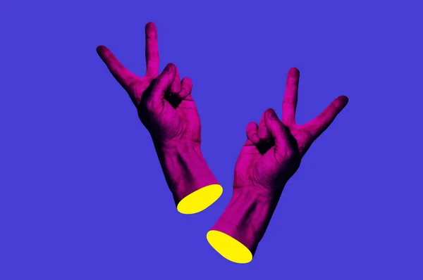 Contemporary minimalistic art collage in neon bold colors with hands showing yo sign. Surrealism creative wallpaper. — Stock Photo, Image