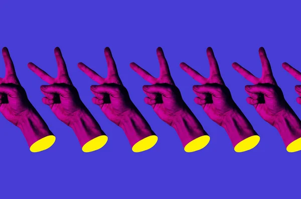 Contemporary minimalistic art collage in neon bold colors with hands showing yo sign. Surrealism creative wallpaper. — Stock Photo, Image