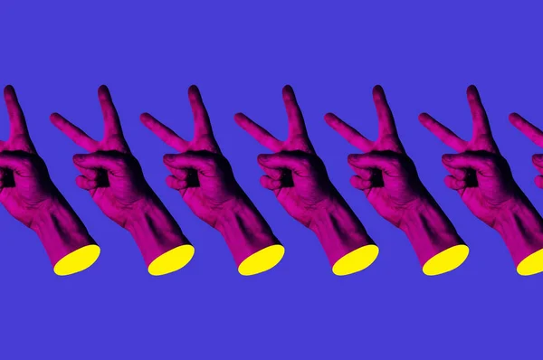 คอลลาจศิลปะร่วมสมัยเรียบง่ายในสีนีออนตัวหนากับมือแสดงเครื่องหมาย yo. Surrealism ความคิดสร้างสรรค์วอลล์เปเปอร์ . — ภาพถ่ายสต็อก