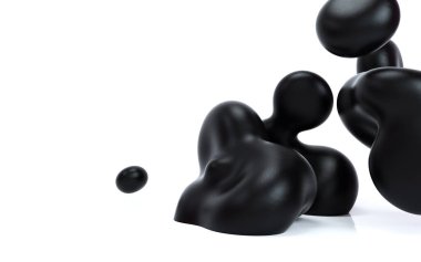 Sıvı soyutlama 3d render illüstrasyon. İzole beyaz arka plan üzerinde siyah pürüzsüz kabarcıklar. Mat plastik malzeme. Metin için alan içeren yatay şablon.