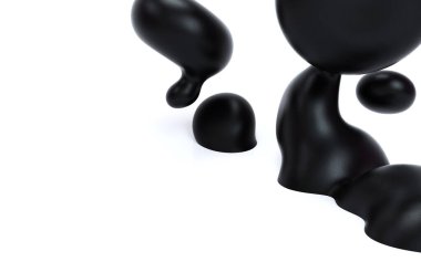 Sıvı soyutlama 3d render illüstrasyon. İzole beyaz arka plan üzerinde siyah pürüzsüz kabarcıklar. Mat plastik malzeme. Metin için alan içeren yatay şablon.