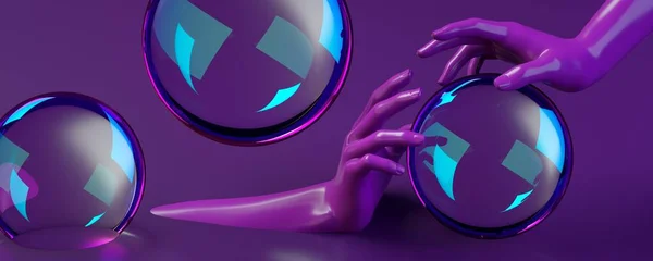 3D рендеринг иллюстрационного баннера с руками, держащими круг в фиолетовой студии. Блестящий блестящий материал . — стоковое фото