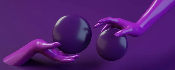 3d renderização ilustração banner com as mãos segurando círculo no estúdio roxo. Material brilhante brilhante brilhante . — Fotografia de Stock