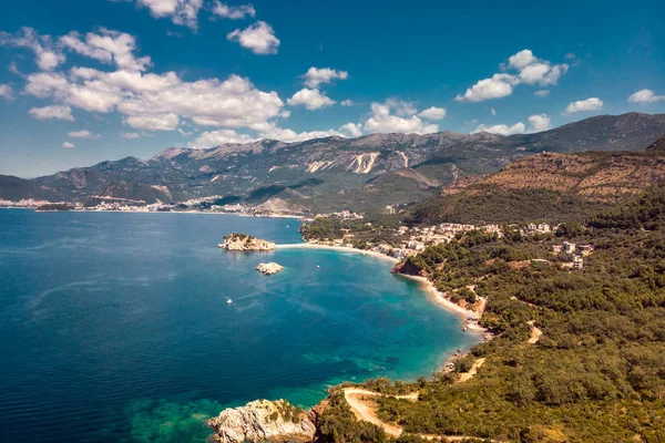 Vista Pôr Sol Beleza Sobre Sveti Stefan Pequena Ilhota Resort — Fotografia de Stock