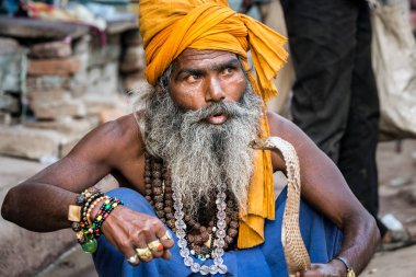 Varanasi, Hindistan - 18 Mart 2017: Holy man holding tehlikeli kobra yılan Varanasi, Hindistan.