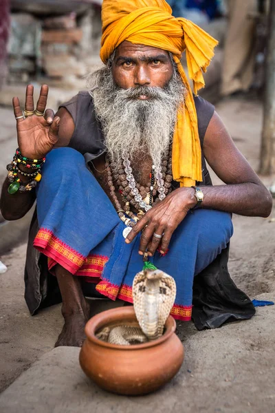 Varanasi Índia Março 2017 Homem Santo Segurando Cobra Perigosa Varanasi — Fotografia de Stock