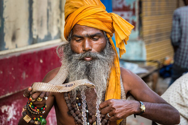 VARANASI, INDIA - MARCH 18, 2017: Holy man holding dangerous cobra snake in Varanasi, India.