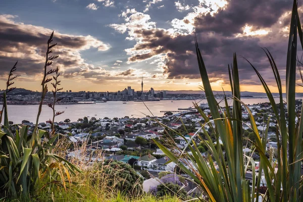Horizonte Cidade Auckland Pôr Sol Após Forte Tempestade Com Centro — Fotografia de Stock
