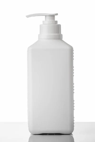White Plastic Bottle Hand Sanitiser Reflection White Background Coronavirus Prevention — Stock Photo, Image