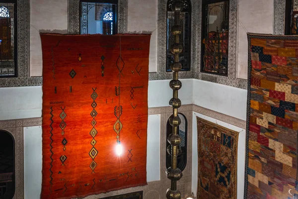 Moroccan handmade carpet at a shop in Medina of Fez, Morocco.