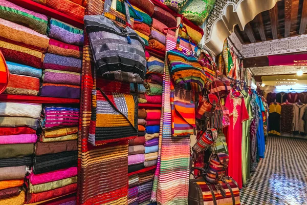 Moroccan handmade textile at a shop in Medina of Fez, Morocco.