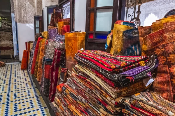 Moroccan handmade carpet at a shop in Medina of Fez, Morocco.