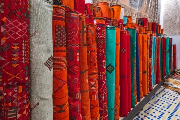 Moroccan handmade carpet at a shop in Medina of Fez, Morocco.
