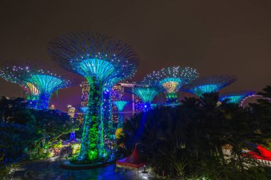 Singapur Körfezi 'ndeki Gardens' taki Supertree Grove 'un gece manzarası. 101 hektarlık bir alana yayılan SuperTree Grove, Singapur 'da Blue Night Sky' ın altında parlak bir şekilde kapanıyor. Singapur - Singapur: 30 Mart 2017.