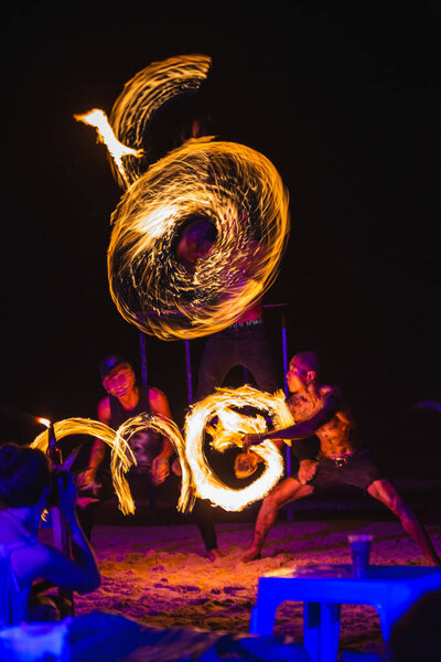 Circle Fireshow at Amazing Fire Show at night on beach Thailand. Koh Tao, Thailand - November 30 2017.