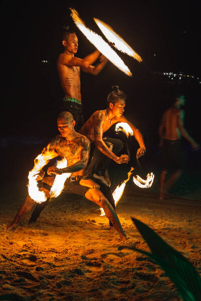 Circle Fireshow at Amazing Fire Show at night on beach Thailand. Koh Tao, Thailand - November 30 2017.