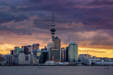 Auckland City, şehir merkezi ve Yeni Zelanda 'nın ikonik simgesi Auckland Sky Tower ile birlikte gün batımından sonra ufuk çizgisi üzerindedir. Auckland, Yeni Zelanda - 17 Aralık 2017.