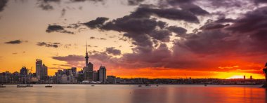 Auckland City, şehir merkezi ve Yeni Zelanda 'nın ikonik simgesi Auckland Sky Tower ile birlikte gün batımından sonra ufuk çizgisi üzerindedir. Auckland, Yeni Zelanda - 17 Aralık 2017.