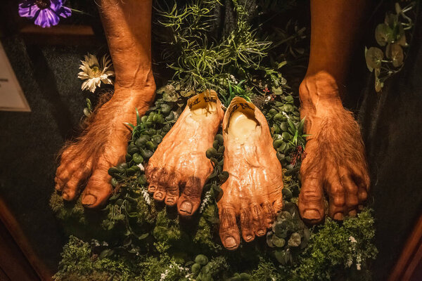 Hobbits feet at the Weta Cave tour. Company for special effects of the Lord of the Rings. Wellington, New Zealand January 11 2018.